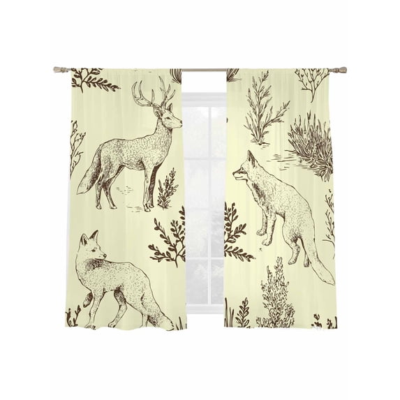 Forest Animal Sheer Curtains 2 Panels Set Line Drawing Deer Fox Cool Wolf Spring Weed Casual Sheer Window Curtains Light Filtering Rod Pocket Voile Drapes for Bedroom Living Room 52"x63"