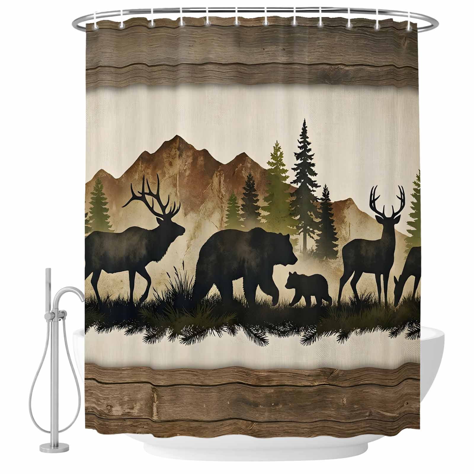 Forest Animal Shower Curtain for Bathroom, Black Bear Silhouette Elk ...