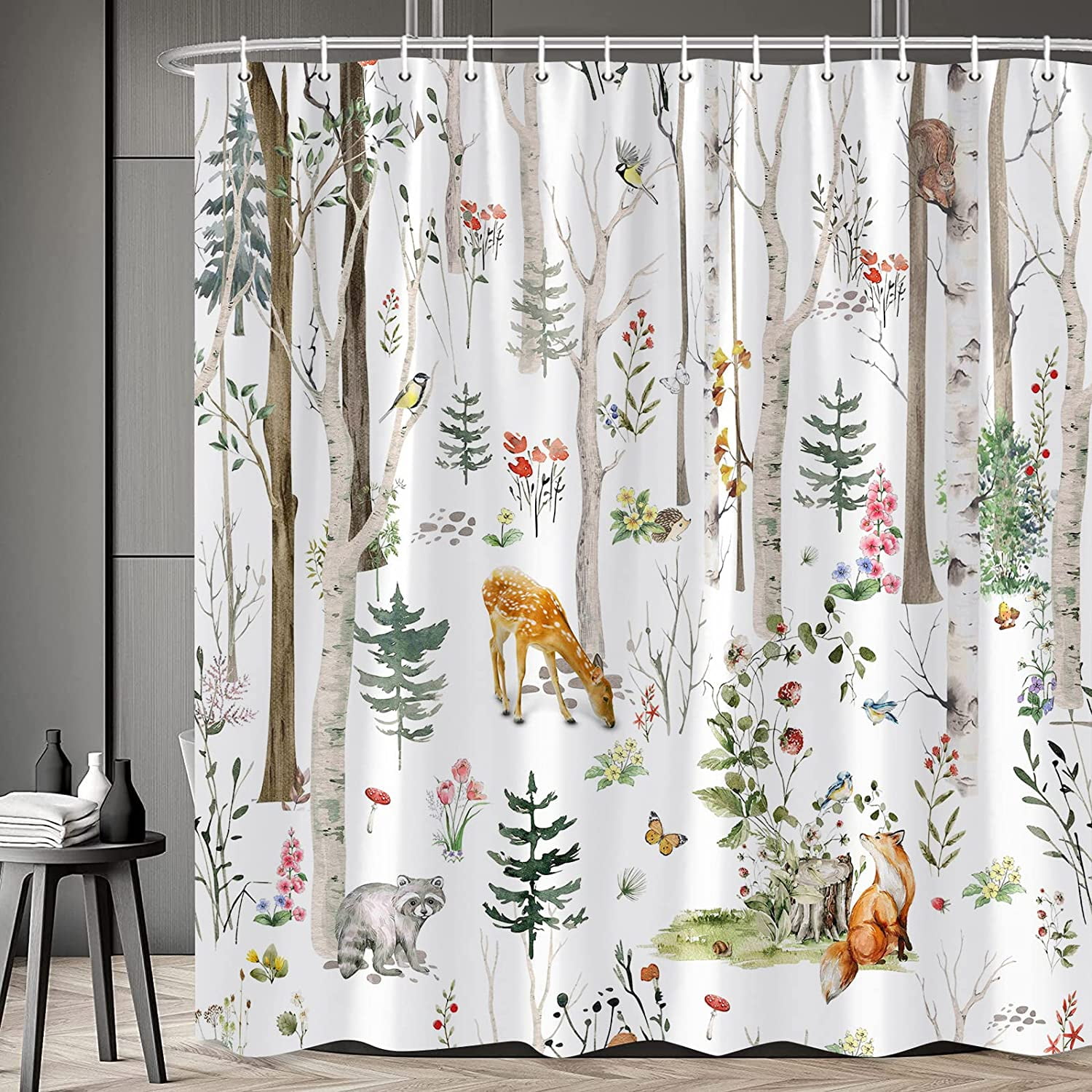 Forest Animal Shower Curtain Cabin Rustic Deer Bathroom Curtains Spring