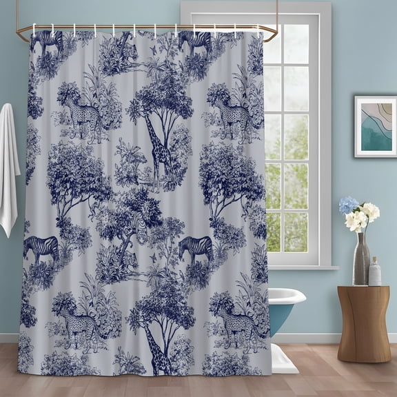 Forest Animal Shower Curtain with Hooks, Vintage Forest Zebra Giraffe Animal Blue Grey Water Repellent Shower Curtains for Bathroom Decor Sturdy Shower Curtain, Machine Washable 36x72 Inch