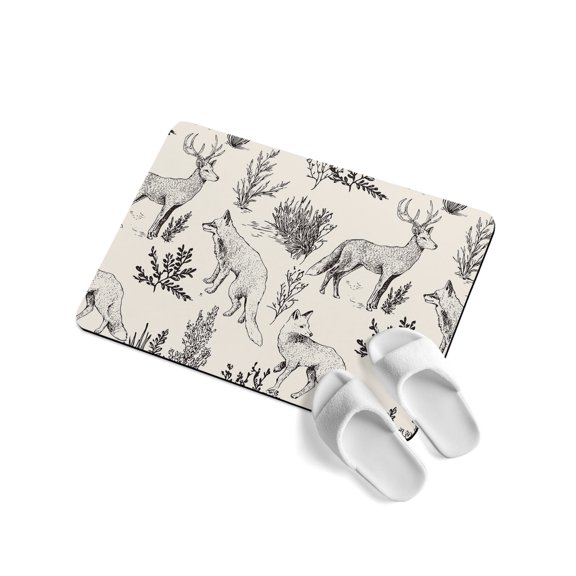 Forest Animal Soft Diatomaceous Earth Mat, Line Drawing Deer Foxes Cool Wolf Spring Weed Casual Absorbent Bath Mat Non Slip Rubber Backed Quick Dry Doormat Fit Under Door for Bathroom Kitchen 18"x30"