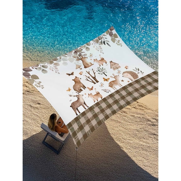 Forest Animal Sun Shade Sail 6.5' x 10', Brown Deer Bear Hedgehog Bird Butterfly Eucalyptus Leaves Plaid Rectangle Outdoor Sunshade Canopy, Waterproof UV Block Patio Covers for Garden Yard Beach