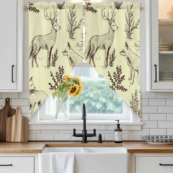 Forest Animal Swag Curtain Valance for Windows, Line Drawing Deer Fox Cool Wolf Spring Weed Casual Window Treatments Short Swag Topper for Kitchen Windows Bathroom Bedroom, 28"x36"