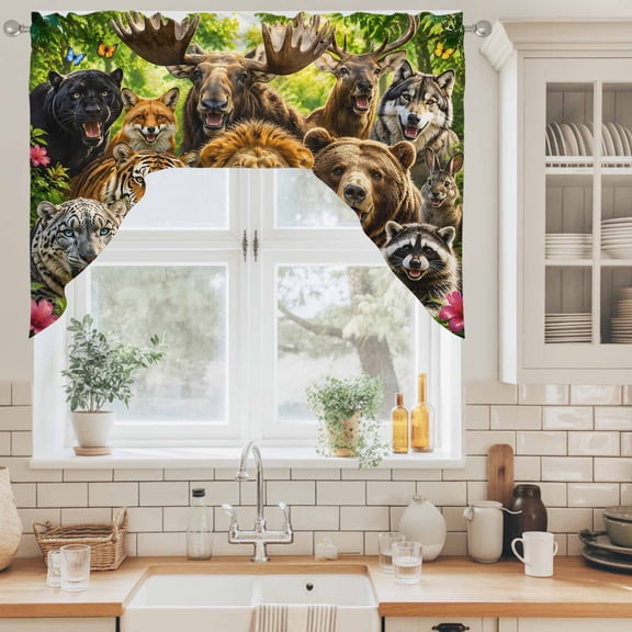 Forest Animal Swag Valance for Windows, Moose Bear Tiger Raccoon Fox Lion Wolf Swag Curtains Valances for Small Window Treatment Rod Pocket for Kitchen Bathroom 1 Panel 56x36in