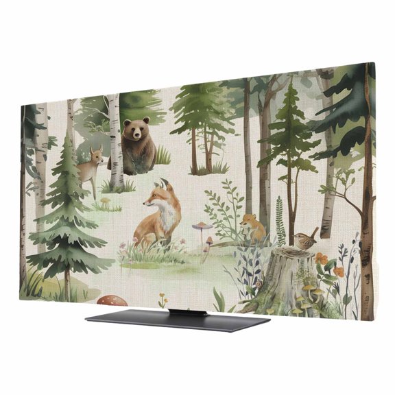 Forest Animal TV Dust Cover 24 Inch, Woodland Trees Bear Fox Deer Bird Watercolors Computer Monitor Cover Dustproof Stretchable Indoor TV Screen Protector for LED LCD Universal Monitors