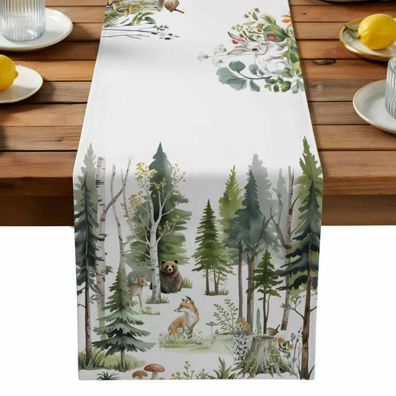 Forest Animal Table Runner, Woodland Bear Fox Deer Watercolors Tree Kitchen Table Runners Dress Scarves for Table Decorations Party/Restaurant/Indoor Outdoor Use, 13x72in