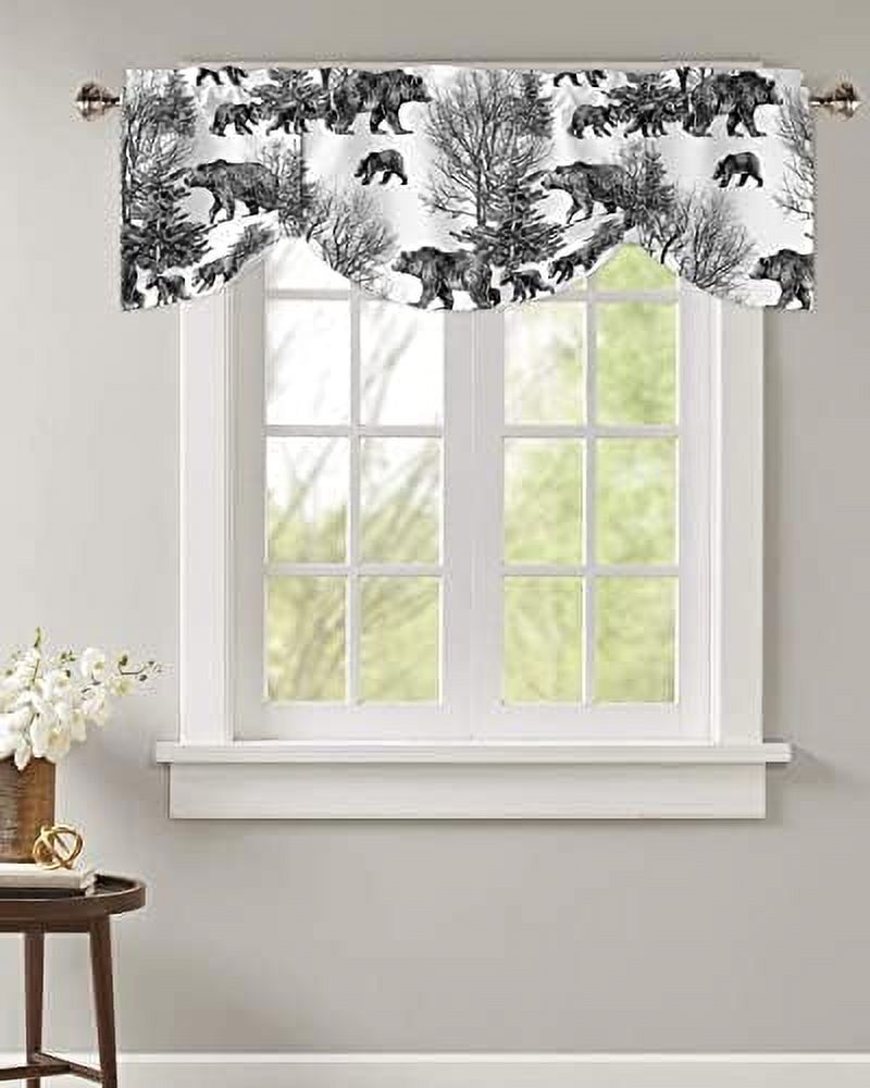Forest Animal Tie Up Valance for Kitchen Windows Wild Bear Black Tree