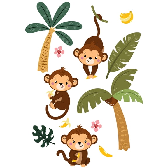 Forest Animal Tree Monkey Wall Stickers Decal Set With Cute Cartoon Design For Kids Room Nursery Living Room And Jungle Theme Decor