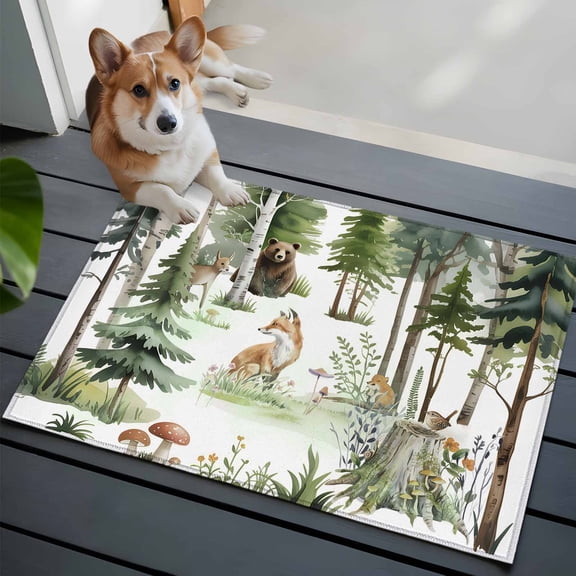 Forest Animal Washable Area Rug 2x3 Woodland Bear Fox Deer Watercolors Tree Low-Profile Area Rugs with Non Slip Backing Indoor Floor Carpet for Entrance Living Room Bedroom Home Office