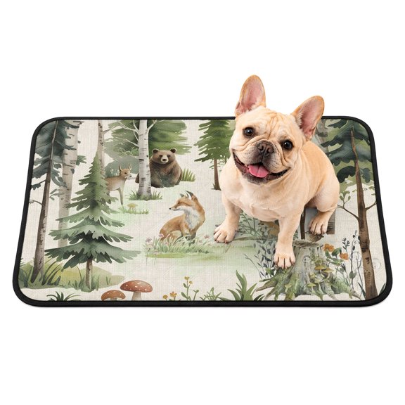 Forest Animal Washable Pee Pads for Dogs, Woodland Trees Bear Fox Deer Bird Watercolors Reusable Puppy Pads Waterproof Pet Mat, Absorbent Dog Pee Pads for Crate Pet Training Whelping Mats 24"x18"