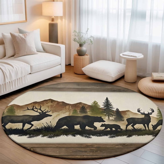 Forest Animal Washable Round Area Rug 7 ft, Black Bear Silhouette Elk Rustic Cabin Pine Mountain Soft Non Slip Rugs Stain Repellent Indoor Felt Carpet for Living Dining Room Bedroom Home Office