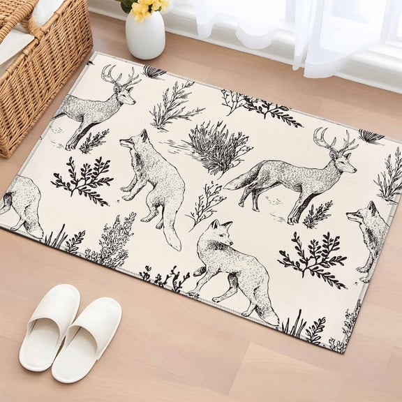 Forest Animal Washable Small Entryway Area Rugs 2'x3', Line Drawing Deer Foxes Cool Wolf Spring Weed Casual Low Pile Throw Rug Non-Slip Sturdy Edge Binding Carpet for Front Door Floor Room Entry