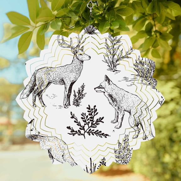 Forest Animal Wind Spinner for Garden Yard 8In, Line Drawing Deer Fox Cool Wolf Spring Weeds Casual 3D Stainless Steel Kinetic Hanging Wind Spinners Rustproof Outdoor Decor for Lawn Patio Home