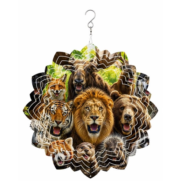 Forest Animal Wind Spinner for Garden Yard 8In, Moose Bear Tiger Raccoon Fox Lion Wolf 3D Stainless Steel Kinetic Hanging Wind Spinners Rustproof Outdoor Decor for Lawn Patio Home