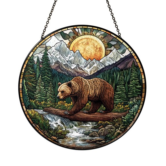 Forest Animal Window Hanging – Bear Scene in Stained Glass Look