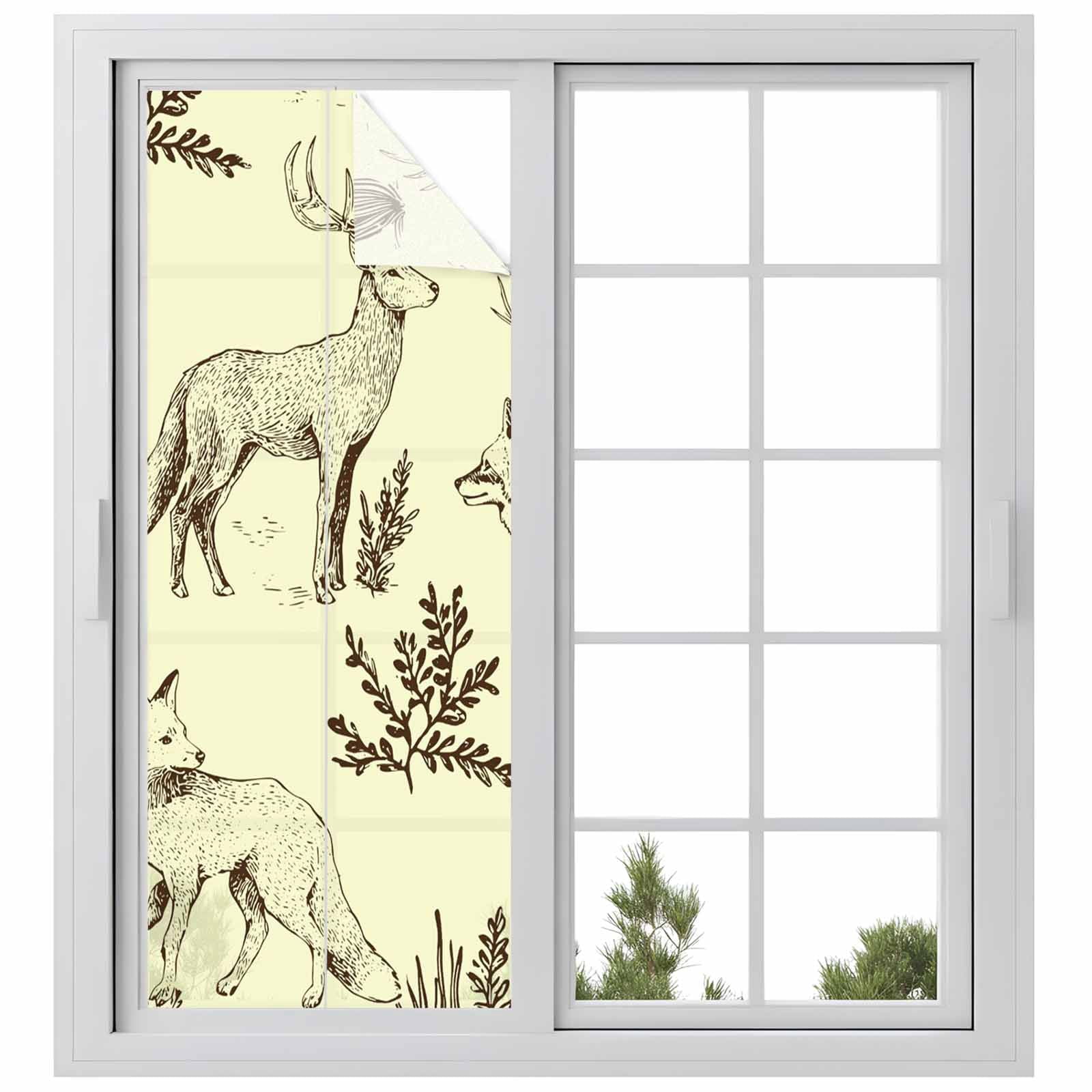 Forest Animal Window Privacy Film, Line Drawing Deer Fox Cool Wolf Spring Weed Casual Frosted Glass Window Clings Static Cling UV Heat Blocking Reusable Door Sticker for Bathroom 23.6 x 59 Inch