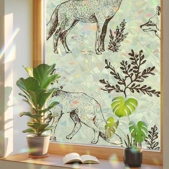Forest Animal Window Privacy Film, Line Drawing Deer Fox Cool Wolf Spring Weed Casual Stained Glass Rainbow Film Decorative Window Clings, Static Cling Sun Blocking Stickers 23.6" x 59"