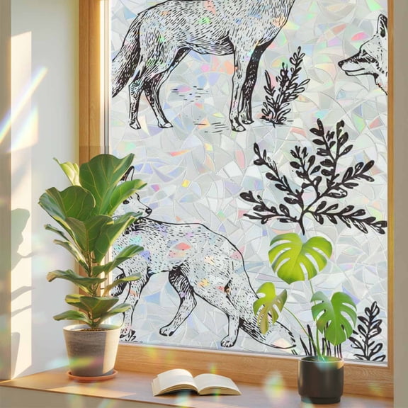 Forest Animal Window Privacy Film, Line Drawing Deer Foxes Cool Wolf Spring Weed Casual Stained Glass Rainbow Film Decorative Window Clings, Static Cling Sun Blocking Stickers 23.6" x 59"