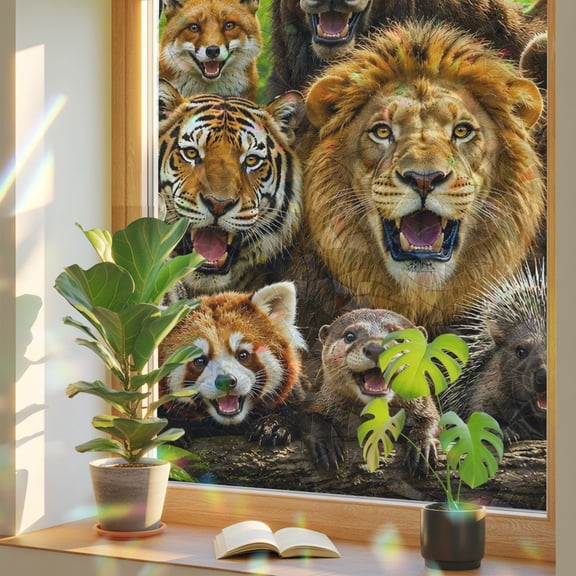 Forest Animal Window Privacy Film, Moose Bear Tiger Raccoon Fox Lion Wolf Stained Glass Rainbow Film Decorative Window Clings, Static Cling Sun Blocking Stickers 17.7" x 39.3"