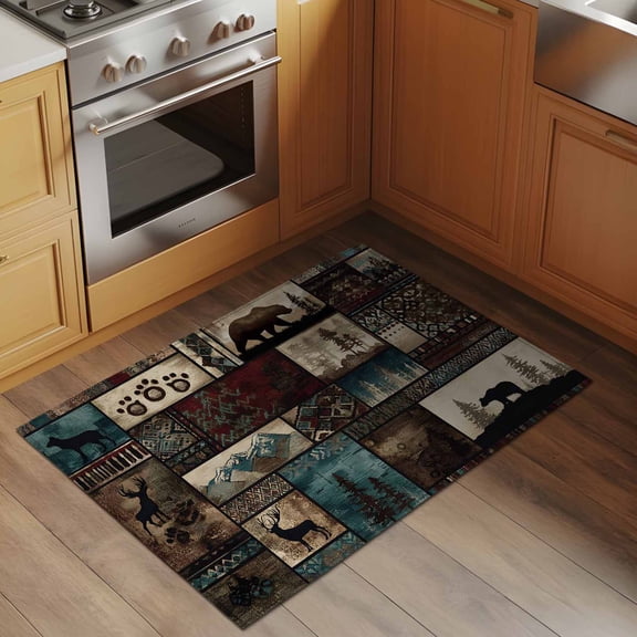Forest Animals 2x3 Rug for Entryway Front Door Kitchen Sink Area, Western Country Bear Elk Deer Wildlife Plaid Low Pile Washable Non Slip Rectangle Area Rug