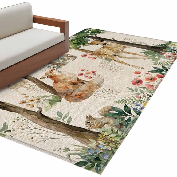 Forest Animals 3'x5' Area Rugs Small Deer Fox Squirrels Flower Tree Linen Texture Washable Area Rugs Non-Slip Indoor Floor Mats Carpet for Living Room Bedroom Dining Room