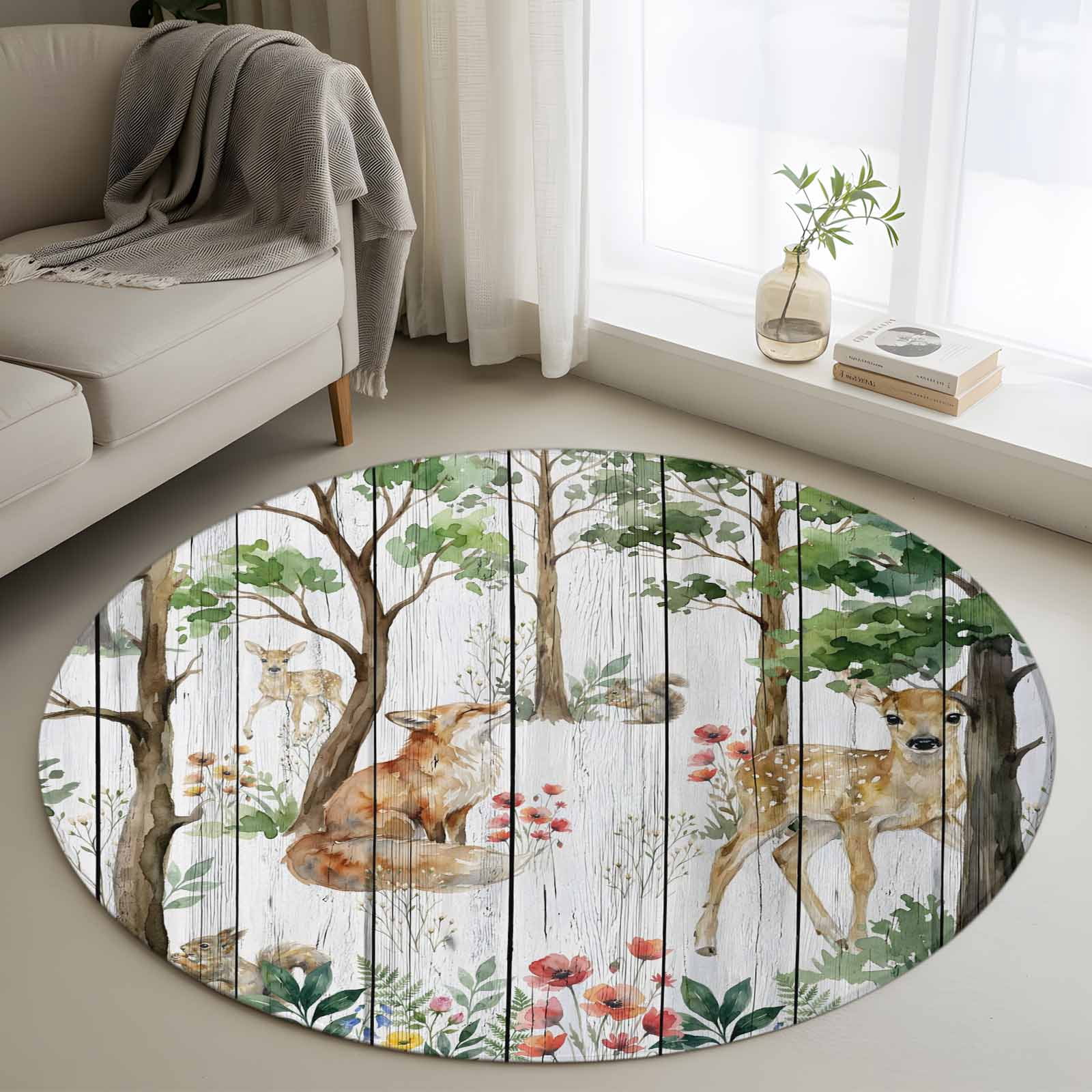 Forest Animals 4' Round Rug for Cozy Reading Nook Home Office Chair ...