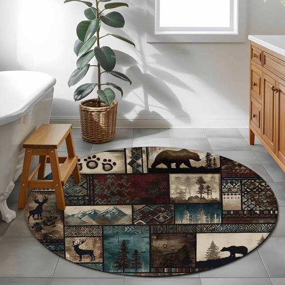 Forest Animals 4ft Round Rug for Cozy Reading Nook Home Office Chair Area, Western Country Bear Elk Deer Wildlife Plaid Washable Non Slip Circle Area Rug