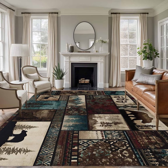 Forest Animals 6'x9' Large Area Rugs Western Country Bear Elk Deer Wildlife Plaid Washable Area Rugs Non-Slip Indoor Floor Mats Large Carpet for Living Room Bedroom Dining Room