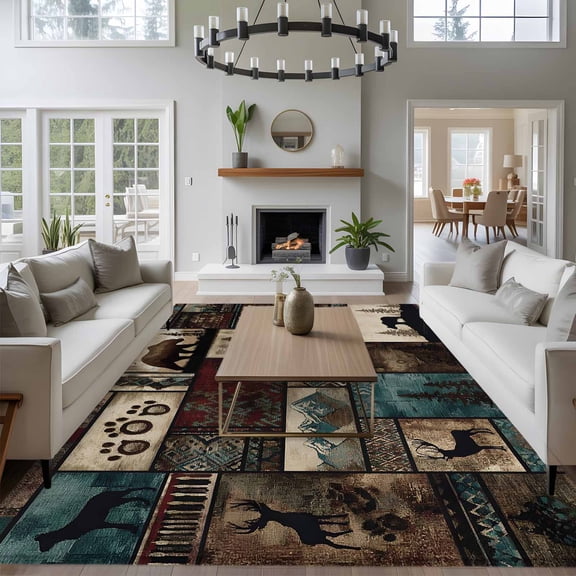 Forest Animals 8x10 Area Rug for Living Room Sectional Sofa, Western Country Bear Elk Deer Wildlife Plaid Washable Non Slip Large Rectangle Area Rug