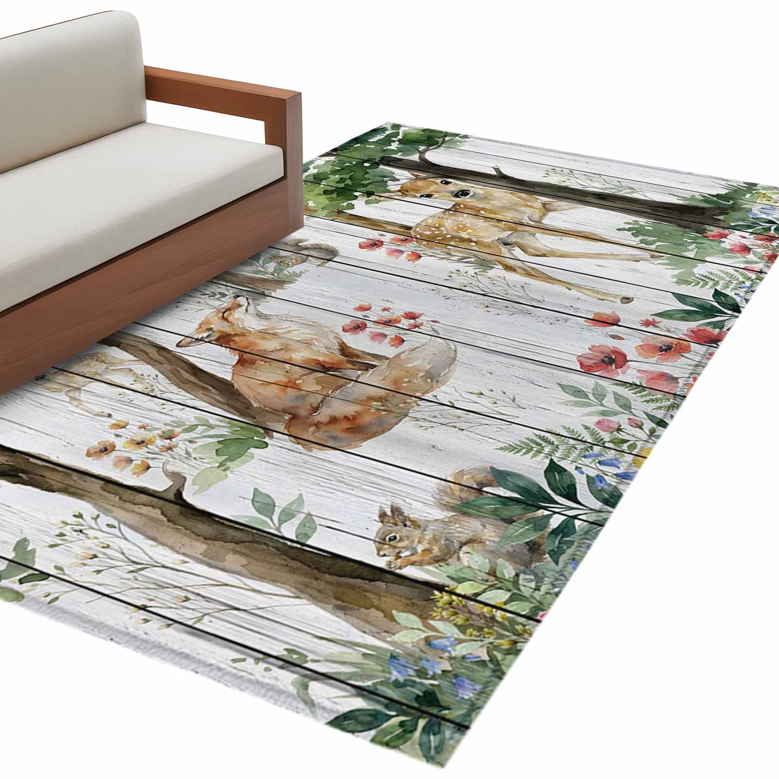 Forest Animals Area Rugs 2.7'x5' Small Deer Fox Squirrels Flower Tree ...