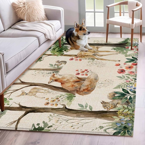 Forest Animals Area Rugs 4x6 ft Small Deer Fox Squirrels Flower Tree Linen Texture Washable Rug Non Slip Indoor Carpet Absorbent Floor Mat for Living Room Bedroom Dining Room