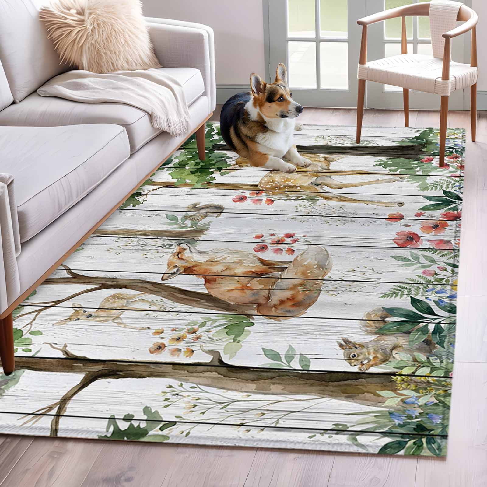 Forest Animals Area Rugs 4x6 ft Small Deer Fox Squirrels Flower Tree ...