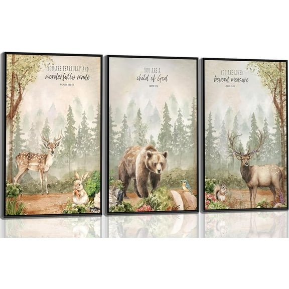 Forest Animals Bible Verse Wall Hieng Wild Animals Foggy Forest prints Posters Canvas Deer Bear rabbit Christian Animal painting pictures for Children Boys Room Girls Room Wall Decor