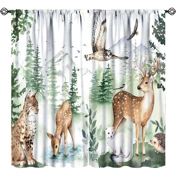Forest Animals Blackout Curtains,Watercolor Jungle Animals Deer Owl Leopard Hedgehog Pattern 2 Panel Rod Pocket Window Drapes for Nursery Bedroom Kids Room Decor 42" W X 54" L