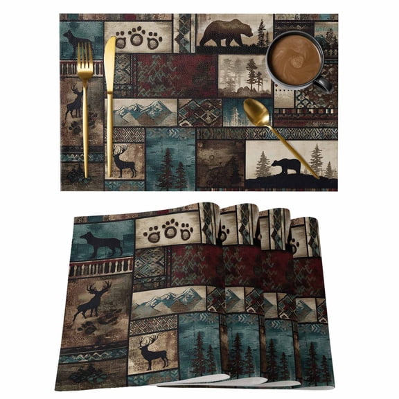 Forest Animals Cotton Linen Placemats Set of 1, Western Country Bear Elk Deer Wildlife Plaid Washable Table Place Mats Heat Insulating Placemat for Dining Room Kitchen Daily Use 13 x 19 Inch