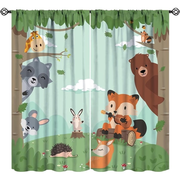 Forest Animals Curtains Colorful Forest Cartoon Cute Fox Bear Giraffe for Kids Boys Girls Nursery Bedroom Living Room Blackout Rod Pocket Decoration Window Drapes 2 Panels W52xL63in