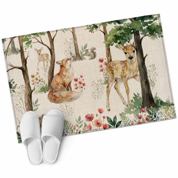 Forest Animals Entryway Rug 2'x3' Small Deer Fox Squirrels Flower Tree Linen Texture Small Area Rug Non-Slip Front Door Mat Washable Floor Carpet for Indoor Entrance Kitchen Bathroom