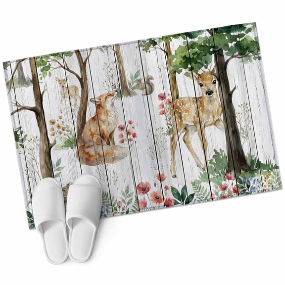 Forest Animals Entryway Rug 2'x3' Small Deer Fox Squirrels Flower Tree White Wood Grain Small Area Rug Non-Slip Front Door Mat Washable Floor Carpet for Indoor Entrance Kitchen Bathroom