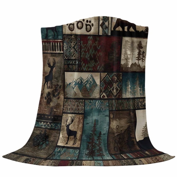Forest Animals Fleece Throw Blanket Western Country Bear Elk Deer Wildlife Plaid Ultra Soft Fuzzy Cozy Flannel Throw Blanket for Couch Sofa Bed Car Travel, Ideal Gifts 40x50 Inches