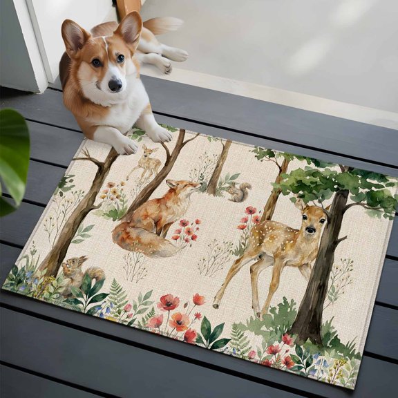 Forest Animals Front Door Rugs 2x3 ft Small Deer Fox Squirrels Flower Tree Linen Texture Small Rug for Entryway Non Slip Washable Bathroom Door Mat Absorbent Floor Mat for Indoor Entrance