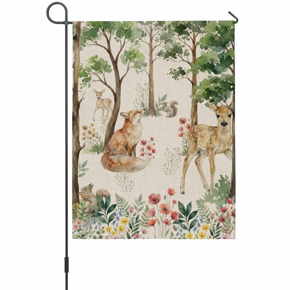 Forest Animals Garden Flags For Outdoor, Small Deer Fox Squirrels Flower Tree Linen Texture Small Double Side Yard Flags Weather Proof Garden Decor for Lawn Outside Holiday 12 x 18 Inches