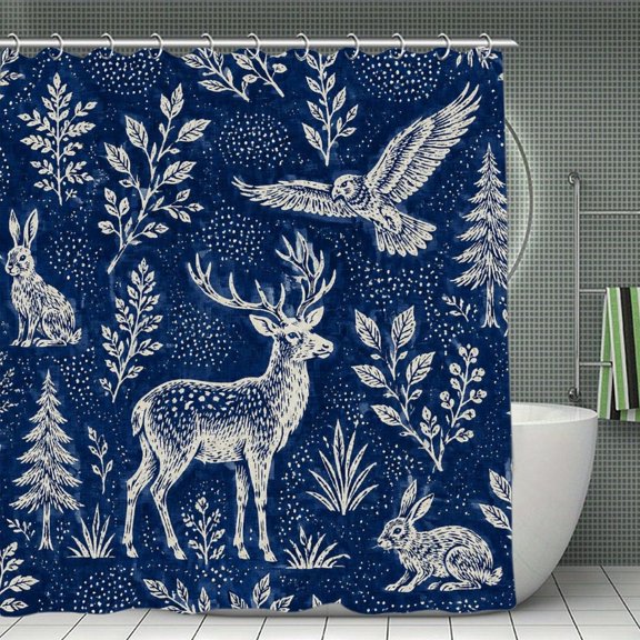 Forest Animals In Indigo Pattern Print Shower Curtain,Cloth Fabric Waterproof Polyester Bathroom Home Decor Set with Hooks 70.870.8Inch