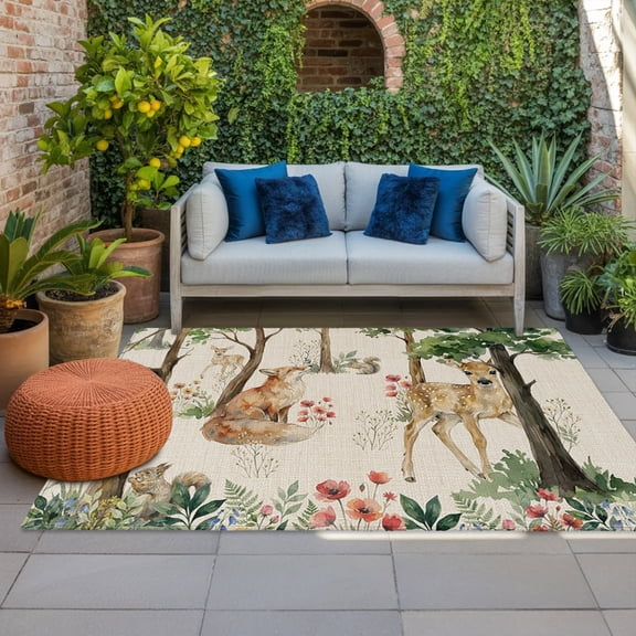 Forest Animals Indoor Outdoor Rugs 5x8 Ft, Small Deer Fox Squirrels Flower Tree Linen Texture Outdoor Patio Rugs Mat Washable Outside Area Rugs Carpet for Porch Deck RV Camping Pool Balcony Backyard