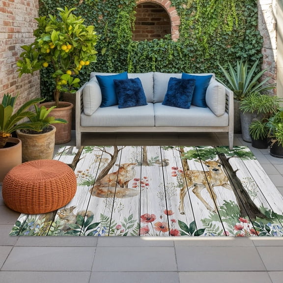 Forest Animals Indoor Outdoor Rugs 5x8 Ft, Small Deer Fox Squirrels Flower Tree White Wood Grain Outdoor Patio Rugs Mat Washable Outside Area Rugs Carpet for Porch Deck RV Camping Balcony Backyard
