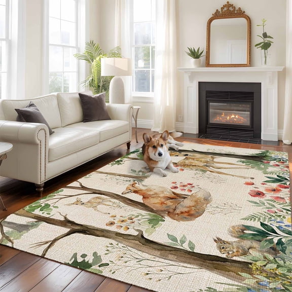 Forest Animals Large Area Rugs 5x8 ft Small Deer Fox Squirrels Flower Tree Linen Texture Washable Rug Non Slip Indoor Carpet Absorbent Floor Mat for Living Room Bedroom Dining Room