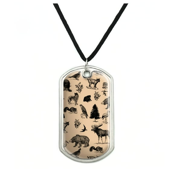 Forest Animals Pattern Moose Bear Wolf Raccoon Birds Military Dog Tag Pendant Necklace with Cord