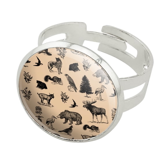 Forest Animals Pattern Moose Bear Wolf Raccoon Birds Silver Plated Adjustable Novelty Ring