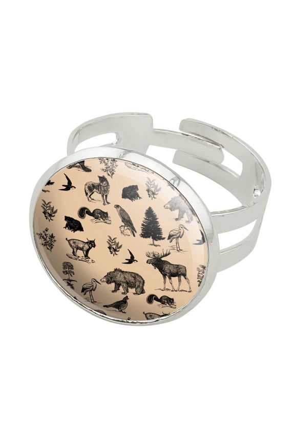 Forest Animals Pattern Moose Bear Wolf Raccoon Birds Silver Plated Adjustable Novelty Ring