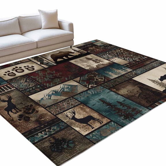 Forest Animals Rectangle Rug 6'x9' Western Country Bear Elk Deer Wildlife Plaid Washable Area Rugs for Living Room Bedroom Entryway Non Slip&nbsp; Entrance Door Mat Indoor Floor Carpet