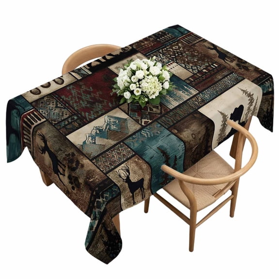 Forest Animals Rectangle Tablecloth Western Country Bear Elk Deer Wildlife Plaid Waterproof Wrinkle Free Soft Table Cloth Spill-Proof Washable Table Cover for Dining Party Picnic 54 x 108 Inch